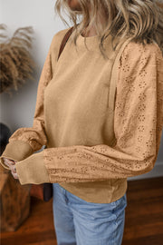 Eyelet Round Neck Long Sleeve Sweatshirt