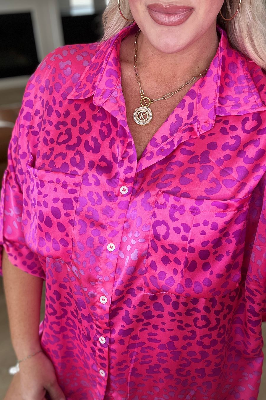 Button Up Blouse in Hot Pink