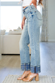 Judy Blue Plaid Cuff Straight Jeans