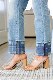 Judy Blue Plaid Cuff Straight Jeans