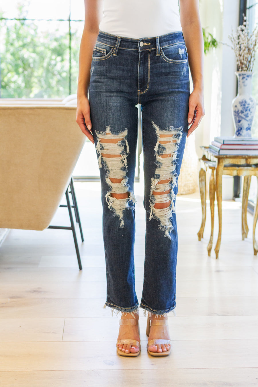 Judy Blue Mid Rise Heavy Destroyed Straight Jeans