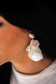 Easter Bunny Pom Seed Bead Earrings in White