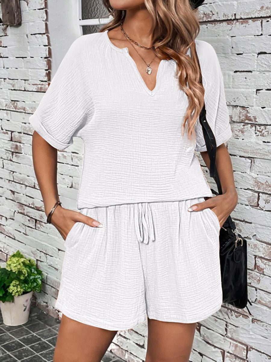 Notched Half Sleeve Top and Shorts Set