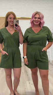 Short Sleeve V-Neck Romper in Army Green