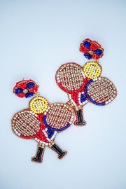 Doubles Tennis Racket Seed Bead Earrings in Red and Blue