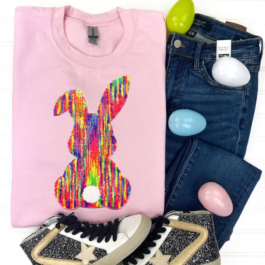 PREORDER: Rainbow Bunny Chenille Patch Sweatshirt in Three Colors