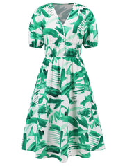 Ruched Printed Surplice Short Sleeve Dress