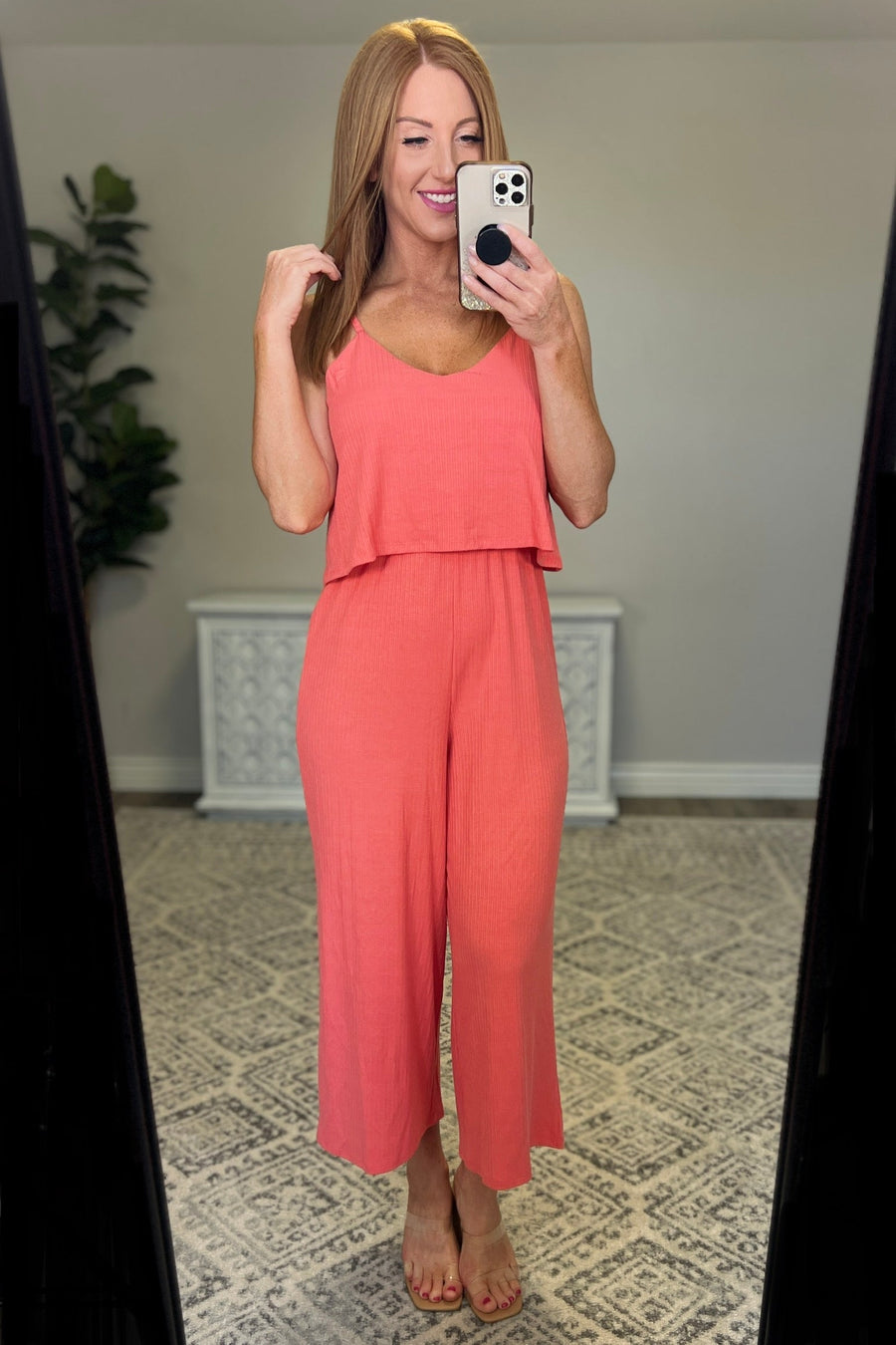 Coral Ribbed Jumpsuit