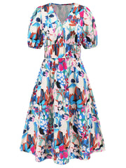 Ruched Printed Surplice Short Sleeve Dress